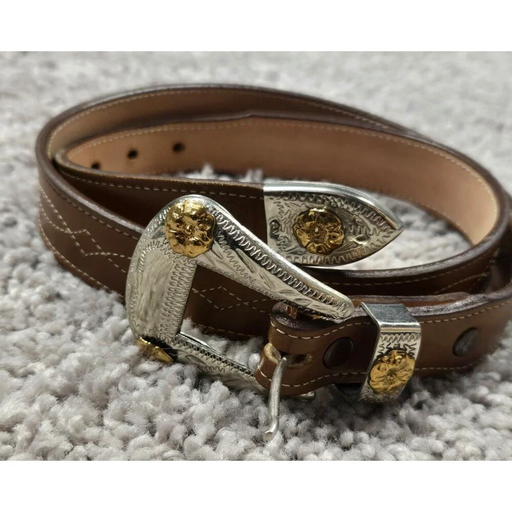 Justin Tan Stitch Western Leather Belt Silver Gold Tone Flower Buckle Youth